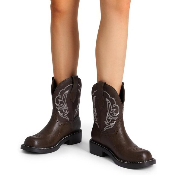 🆕Women Brown Cowboy Cowgirl Boots for Women, Round Toe Embroidered Mid Calf - Picture 7 of 7
